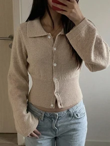 Livesso Autumn/Winter Khaki Round Neck Button Cable Knit Long Sleeve Slim Fit Ribbed Cardigan For Women - Khaki - View 6
