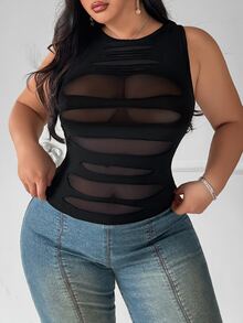 SHEIN SXY Plus Size Women Solid Color Contrast Mesh Fitted Sexy Tank Top - Black - View 5