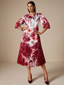 LOTSLUV Women's Autumn Elegant Commute, Red And White Landscape Positioning Print, Round Neck Puff Sleeve, Loose Fit Printed Short Dress - Red and White - View 1