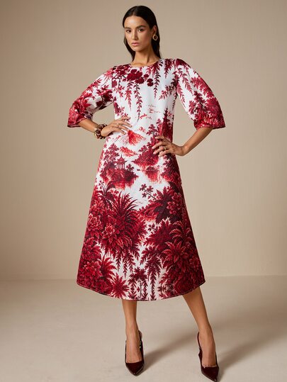 LOTSLUV Women's Autumn Elegant Commute, Red And White Landscape Positioning Print, Round Neck Puff Sleeve, Loose Fit Printed Short Dress