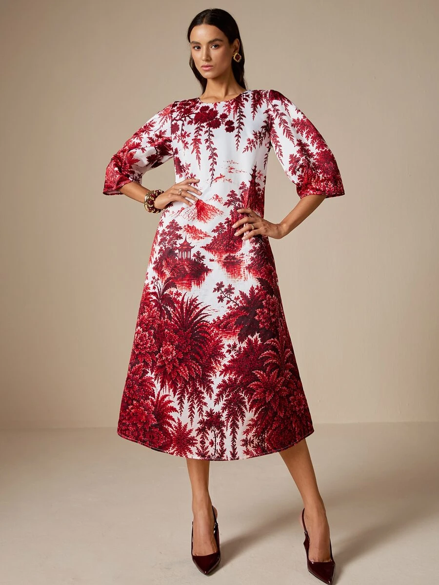 LOTSLUV Women's Autumn Elegant Commute, Red And White Landscape Positioning Print, Round Neck Puff Sleeve, Loose Fit Printed Short Dress - Red and White - View 1