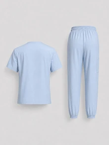 TaskEZ Light Blue Short Sleeve Top With Multiple Pockets And Cuffed Long Pants With Side Pockets, Comfortable And Convenient Minimalist Scrub Uniform 2 Pieces Set - Blue - View 2