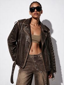 Aveloria GENKIRA Women's Solid Color PU Leather Fashion Versatile Daily Commute Long Sleeve Jacket - Brown - View 2
