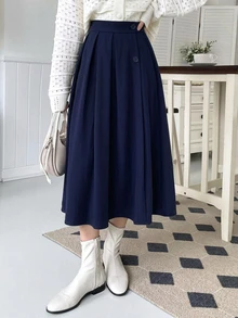 DAZY Autumn/Winter High Waist Navy Blue Button Decor Pleated A-Line Umbrella Skirt Elegant Sweet Commute Daily Women's Skirt - Navy Blue - View 3