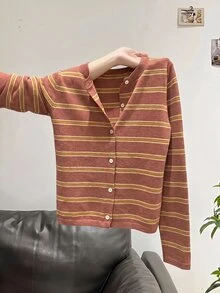 SHEIN LUNE 女款休閒法式夏日度假通勤日常基礎時尚穿搭 秋冬磚紅色極簡長袖針織毛衣上衣 早午餐 - 卡其色 - 查看 5