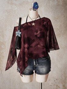 SHEIN ICON 大尺碼女款花卉印花單肩不對稱下擺時尚上衣 - 酒紅色 - 查看 4