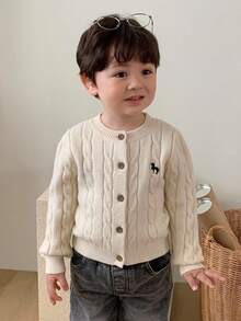 Hapijoa Infant (Boy) Round Neck Cable Knit Cartoon Embroidered Long Sleeve Solid Color Sweater - White - View 3
