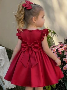 SHEIN Baby Girl Solid Color Round Neck Short Flutter Sleeve Back Bow Decor Cute Dress - Red - View 6