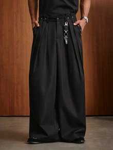 TOKVUE Men's Solid Color Pleated Eyelet Design Wide Leg Loose Casual Pants - Multicolor - View 3