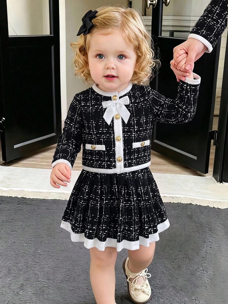 SHEIN Baby Girl Bow Decor Plaid Jacket And Skirt Set - Black - View 1