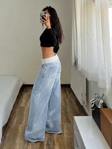 SHEIN Tall Women's Double Waistband Low Waist Slimming Wide Leg Denim Jeans With Pockets - Blue - View 7