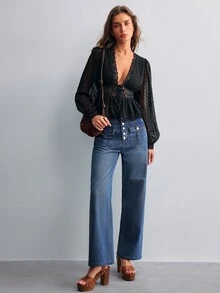 Willow Rêve Women's Lace Patchwork V-Neck Button-Down Black Blouse - Black - View 3
