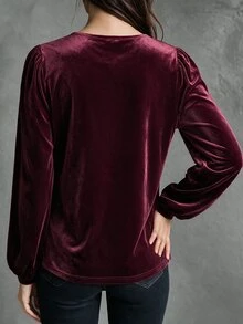 EMERY ROSE Plus Size Women's Round Neck Long Sleeve Hollow Embroidery Patchwork Embroidered Simple Casual Versatile Top - Burgundy - View 2
