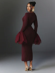 NYA SZN Dress Midi Scoop Neck Long Sleeve Mesh Church Holiday Festival Special Occasion Everyday Casual Work Concert Going Out Club Party Maroon Fall Winter - Purple - View 2
