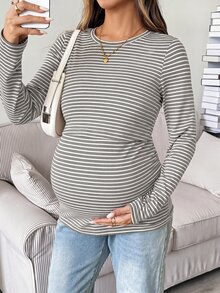 SHEIN 女款條紋圖案長袖圓領舒適居家穿著上衣 - 灰色 - 查看 2