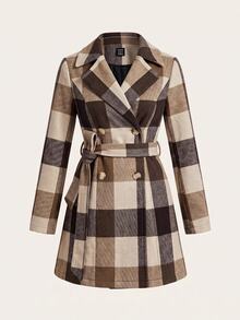 SHEIN Lady Women's Plaid Double-Breasted Long Sleeve Jacket - Coffee Brown - View 2
