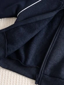 SHEIN 2件組男嬰秋冬可愛休閒灰色立領運動衫與鬆緊腰長褲套裝，外套套裝，運動服套裝，秋冬套裝，灰色套裝 - 藏蓝色 - 查看 6