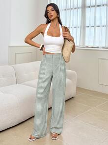 SHEIN Tall 女款卡其色條紋直筒優雅上班褲 - 軍綠色 - 查看 8