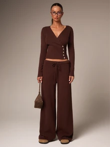 Athîral Women's Deep V-Neck Fitted Top And Solid Color Long Pants 2 Pieces Set - Multicolor - View 6