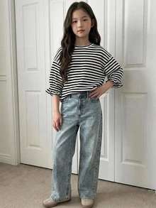 DAZY (Tween Girl) 杏色針織條紋短袖圓領秋季燈籠袖寬鬆T恤 - 黑與白 - 查看 7