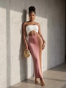 BamGlimmer Women's Fashion Striped Colorblock Side Slit Knit Dress - Pink - View 7
