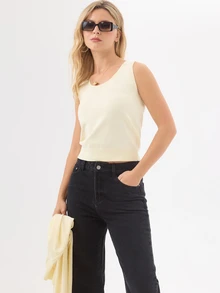 KÆRIA Hus Scoop Neck Sleeveless Knit Top & Cardigan Set - Linen Blend Knit - Butter Yellow - Minimalist, Layering, Preppy - Apricot - View 6