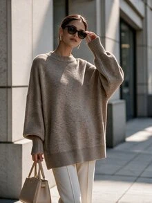SHEIN 女款純色圓領落肩長袖休閒針織衫 - 摩卡棕 - 查看 4