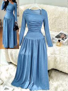 GlowEve Women's Fashion Asymmetrical Neckline Ruched Denim Dress - Blue - View 1
