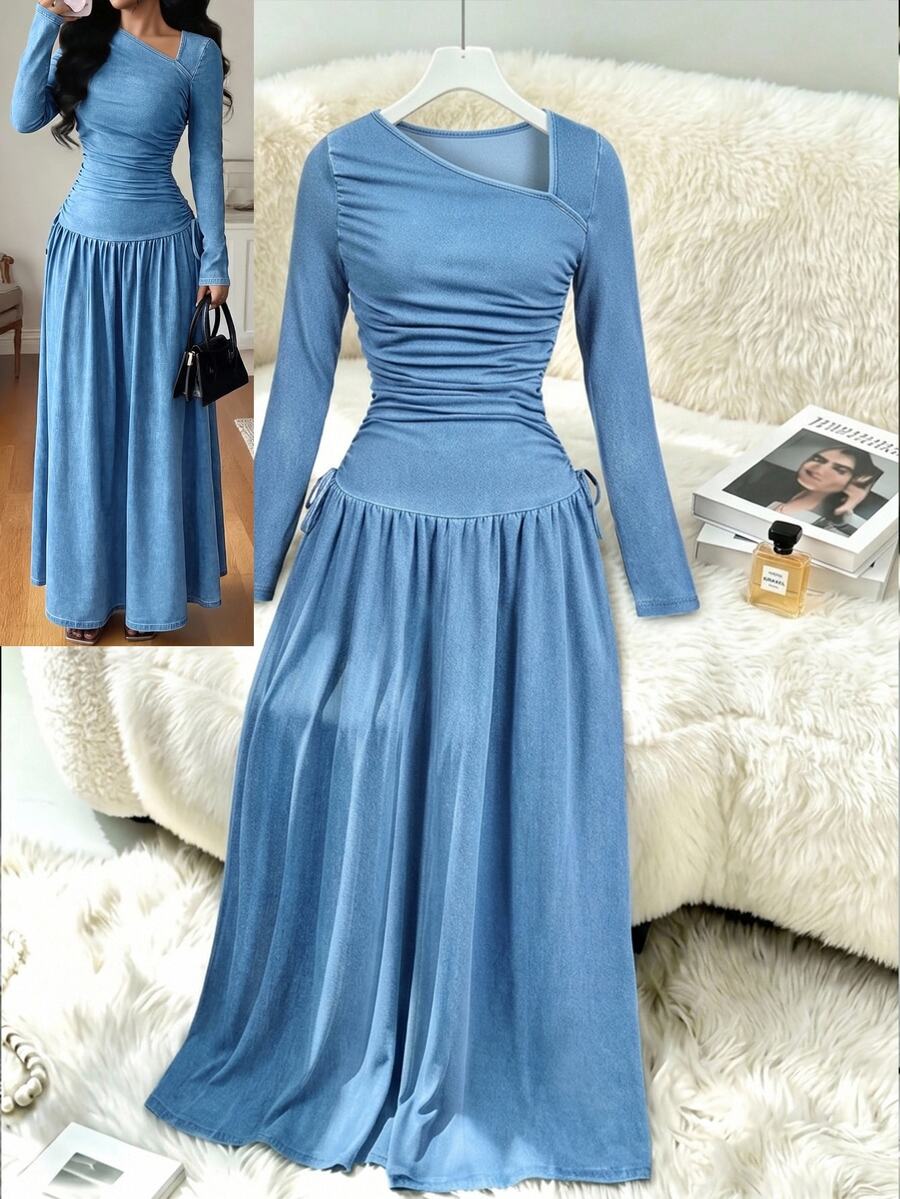 GlowEve Women's Fashion Asymmetrical Neckline Ruched Denim Dress - Blue - View 1