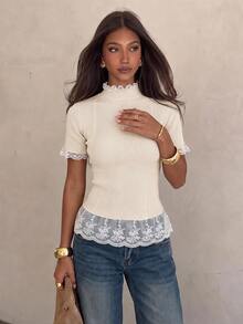 Siren Gaze Women's Short-Sleeve Ribbed Knit Top With Lace Detail – Slim-Fit, Versatile, Ideal For Layering In Autumn/Winter - Apricot - View 11