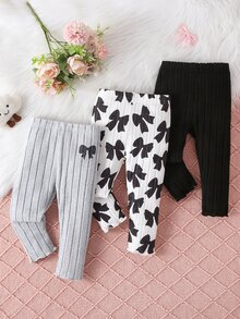 SHEIN Playful Pals 3件組女嬰針織羅紋內搭褲，甜美可愛，白色灰色黑色蝴蝶結印花，荷葉邊，常規款，生日派對秋季假期彈性款 - 彩色 - 查看 1