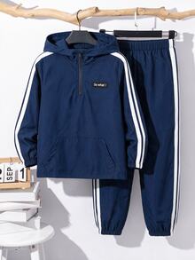SHEIN 2件組兒童青少年男孩休閒日常百搭舒適拼接連帽半拉鍊套頭寬鬆長袖外套與寬鬆慢跑褲梭織套裝，適合秋冬 - 藏蓝色 - 查看 3