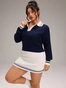 EMERY ROSE Plus Size Korean Style Zipper Half-Placket Contrast Color Knit Top - Navy Blue - View 1