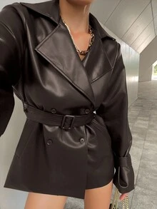 DAZY 女款休閒腰帶西裝外套，標準版型，秋冬款 - 棕色 - 查看 5