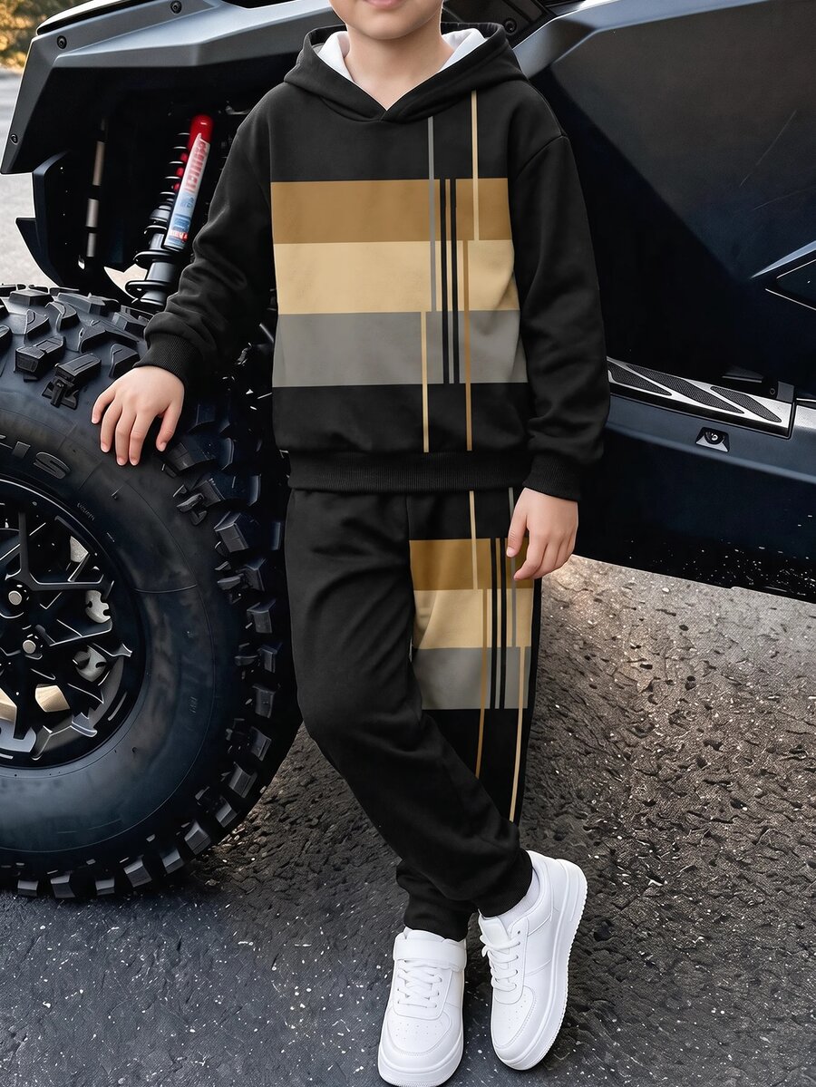 Fall/Winter Vintage Stripe Print, Tween Boy Casual Minimalist Long Sleeve Hoodie Comfortable Sweatshirt 2 Pieces Set Suitable For Autumn/Winter - Multicolor - View 1
