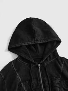 ROMWE Street Life Dark Grey Street Style Slimming Hooded Sweatshirt With Letter Patch Embroidery For Women - Dark Grey - View 3