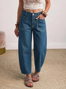 EMERY ROSE Plus Size Street Style Button Pocket Denim Cropped Pants - Blue - View 6