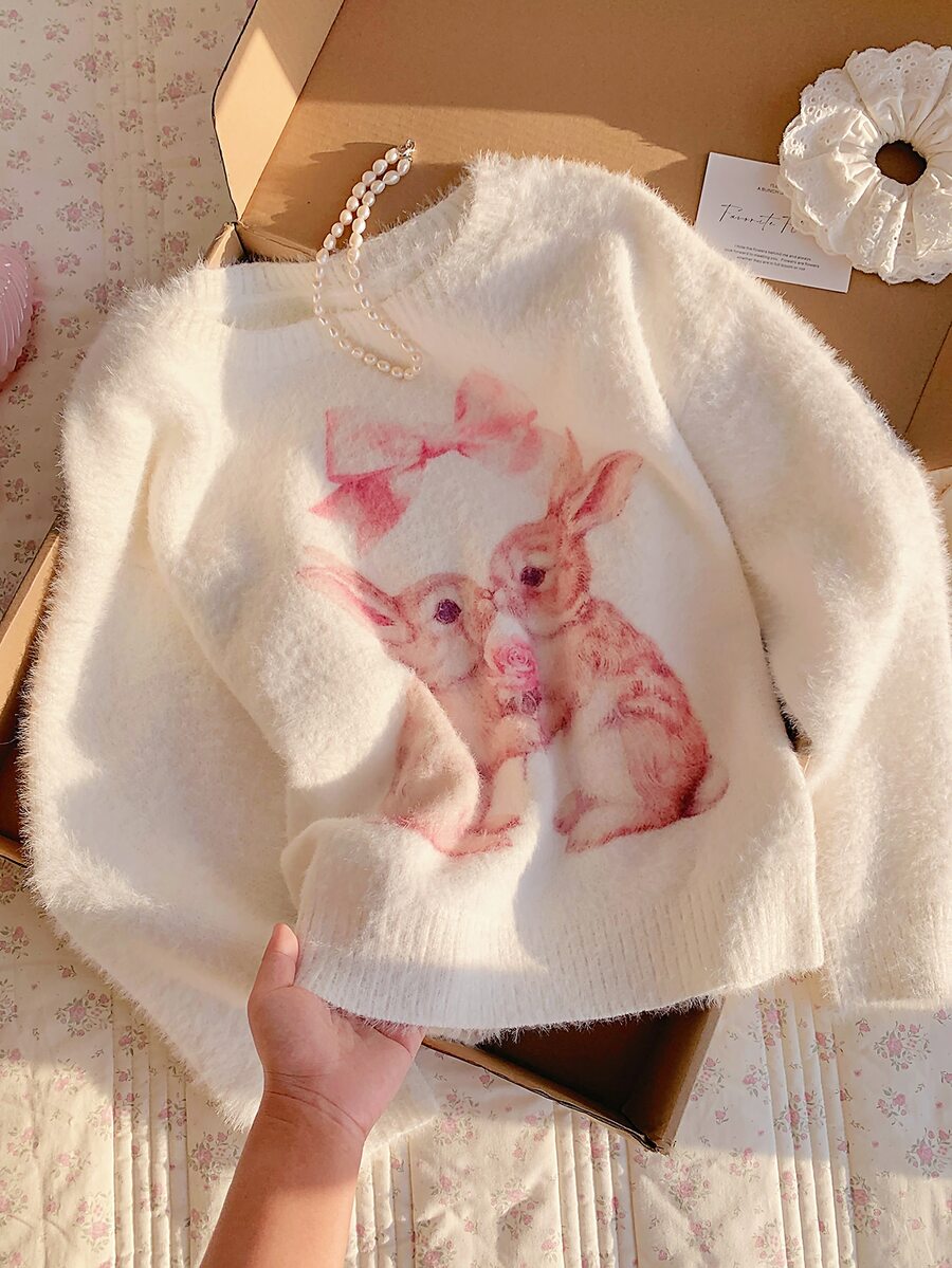 Comfortcana Women's Sweet Cartoon Rabbit Print Off-Shoulder Knit Top - White - View 1