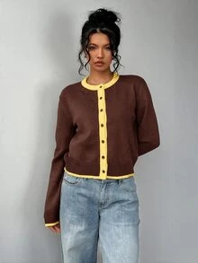 SHEIN BASICS 女款時尚對比色鈕扣針織薄款開襟衫 - 咖啡棕 - 查看 8