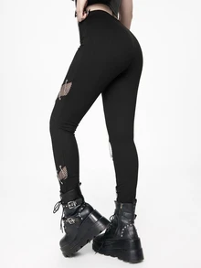 ROMWE Goth Women's Chain Decor Mesh Patchwork Casual Daily Fitted Leggings - Black - View 2
