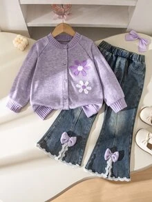 SHEIN Elladie kids 女童韓系簡約花卉刺繡棕色長袖開襟外套，搭配開衩喇叭牛仔長褲，秋季7歲生日穿搭 - 淡紫色 - 查看 1