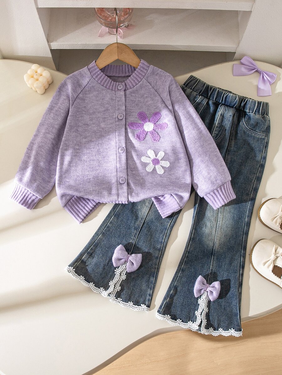 SHEIN Elladie kids 女童韓系簡約花卉刺繡棕色長袖開襟外套，搭配開衩喇叭牛仔長褲，秋季7歲生日穿搭 - 淡紫色 - 查看 1