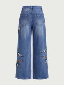 GlowEve Women's Casual Daily Denim Jeans With Pocket, Button And Floral Embroidery Pattern - Blue - View 2