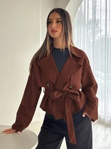 Aloruh Women's Elegant Street Style Button Lapel Trench Coat - Rust Brown - View 5