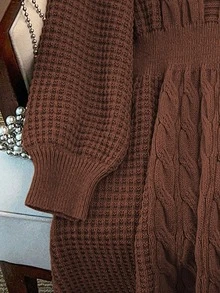GlowEve CURVE Plus Size V-Neck Lantern Sleeve A-Line Thick Drawstring Knitted Sweater Dress, Solid Color, Winter - Coffee Brown - View 4