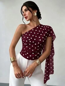 Firerie 女款波點不對稱領口上衣 - 酒紅色 - 查看 3