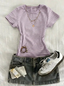 DAZY Kaos Lengan Pendek Slim Fit Bergaris Kasual untuk Anak Perempuan Remaja - Purple - View 2