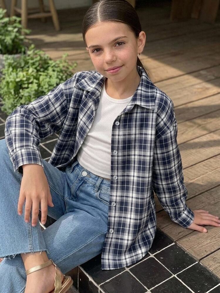 Dazy Kids Plaid Long Sleeve Casual Loose Daily Spring/Autumn Tween Girl) Shirt - Navy Blue - View 6
