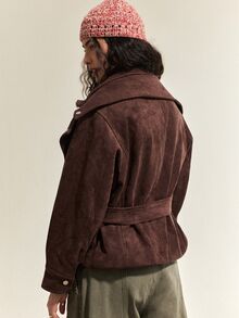 SoleilVie New Vintage Diagonal Zipper Lapel Suede Motorcycle Jacket, Waist-Cinching Design, Fashionable Mature Woman Style - Brown - View 2