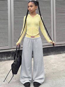 SHEIN 兒童青少年女孩 2 件套 針織條紋休閒運動連帽拉鍊長袖外套與拼色拼接 Logo 直筒寬腿針織長褲套裝，淡黃色與粉色，Y2K 風格 - 彩色 - 查看 9